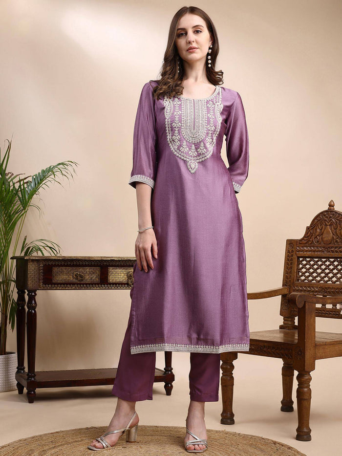 Women Lavender Silk Blend Embroidered Straight Kurta | FY93 - view 1