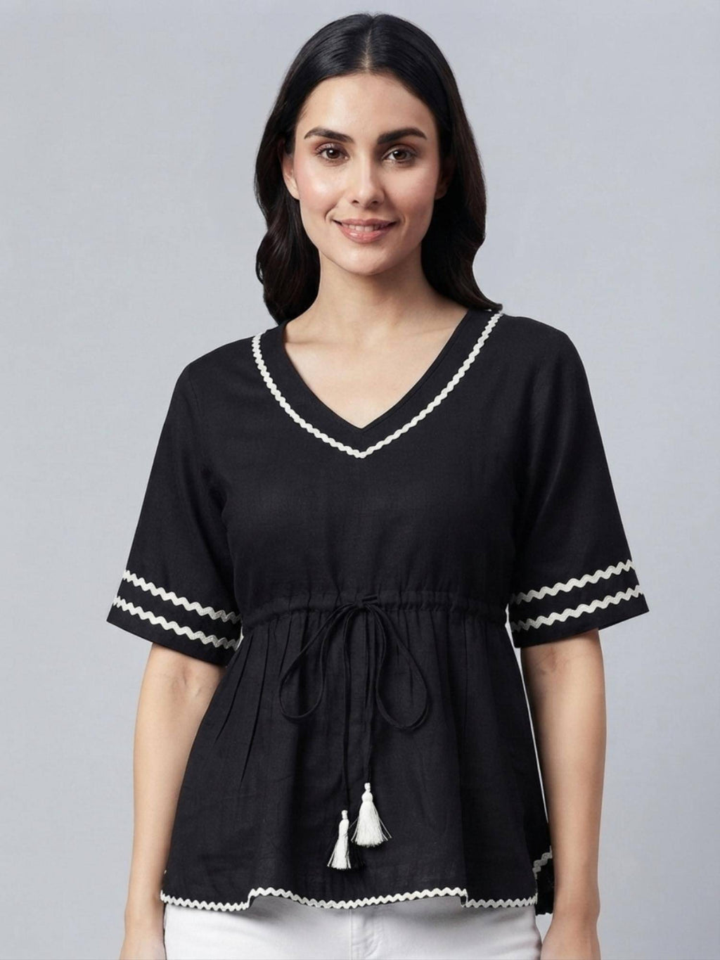 Black Rayon V-Neck Peplum Fit Flared Sleeves Solid Top | pt51 - view 1