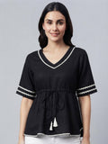 Black Rayon V-Neck Peplum Fit Flared Sleeves Solid Top | pt51 - view 1