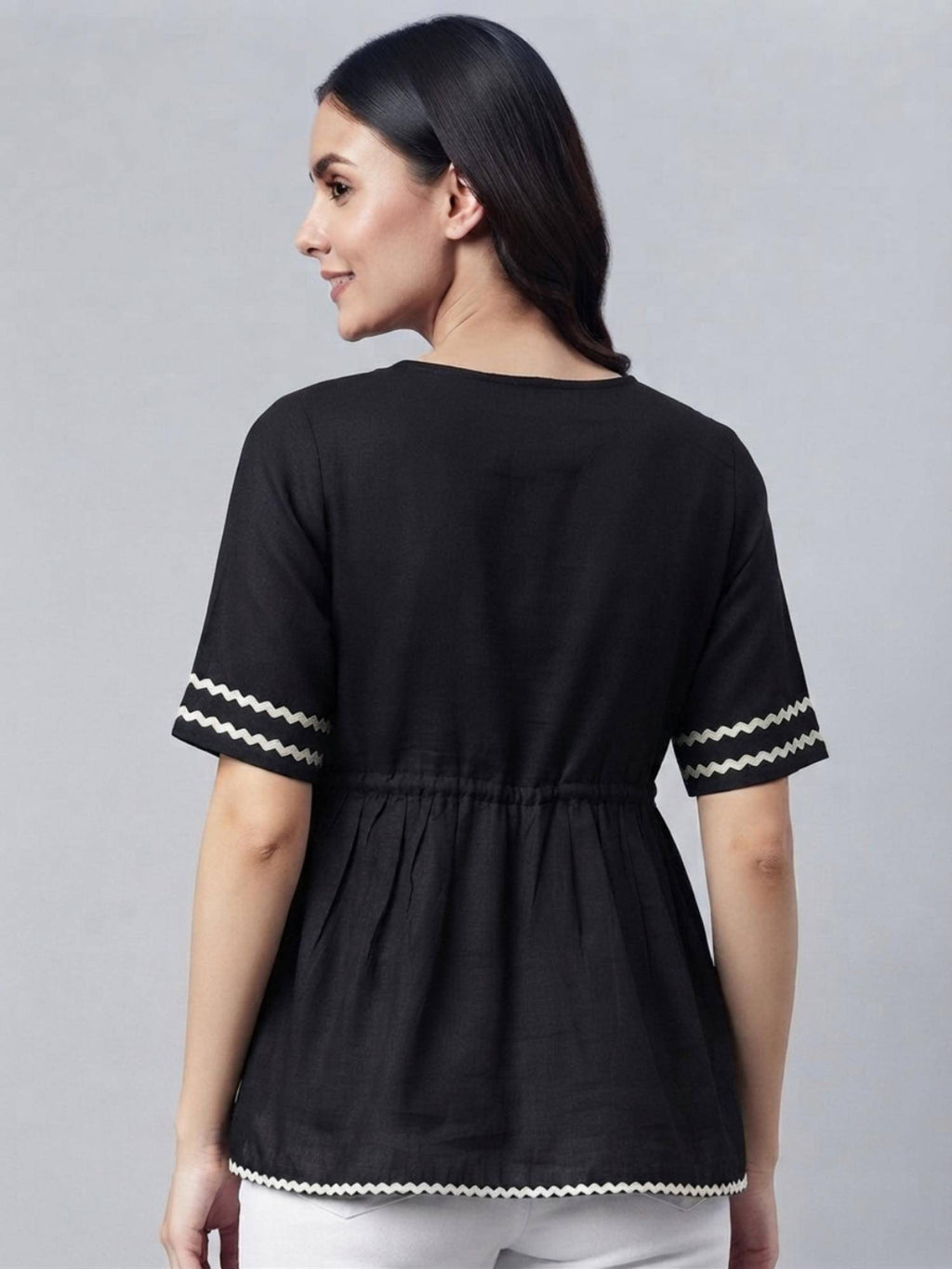 Black Rayon V-Neck Peplum Fit Flared Sleeves Solid Top | pt51 - view 2