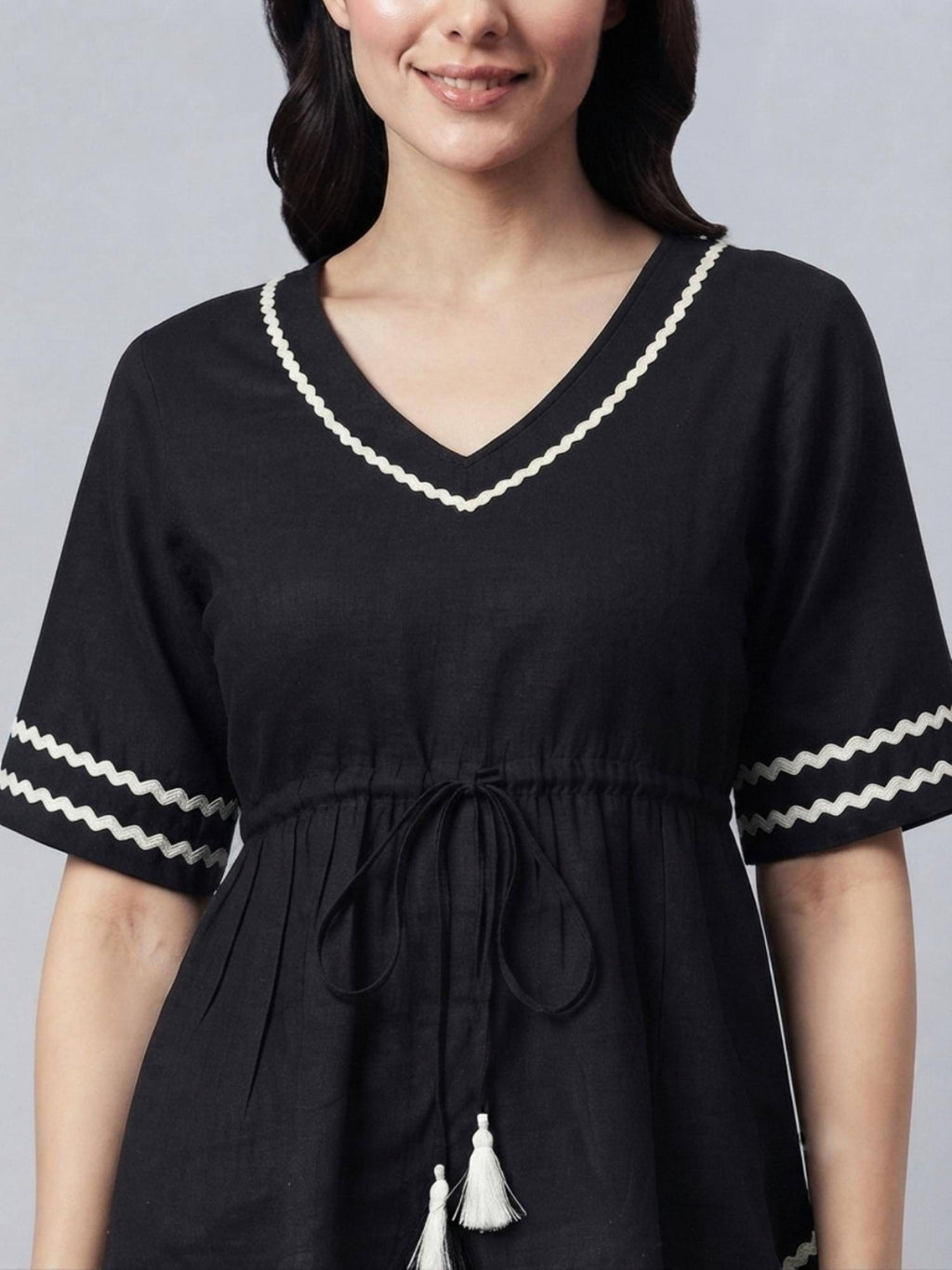 Black Rayon V-Neck Peplum Fit Flared Sleeves Solid Top | pt51 - view 3