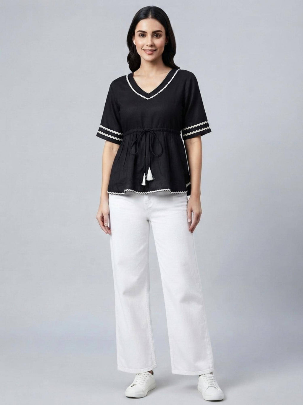 Black Rayon V-Neck Peplum Fit Flared Sleeves Solid Top | pt51 - view 4