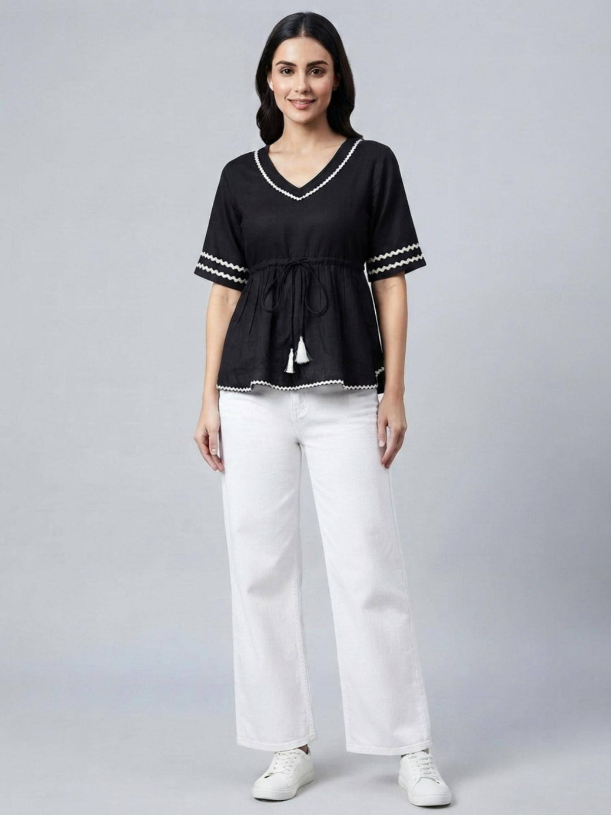 Black Rayon V-Neck Peplum Fit Flared Sleeves Solid Top | pt51 - view 4