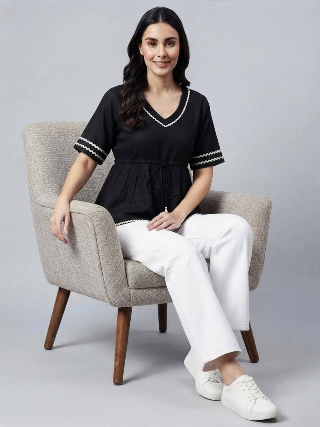 Black Rayon V-Neck Peplum Fit Flared Sleeves Solid Top | pt51 - view 5