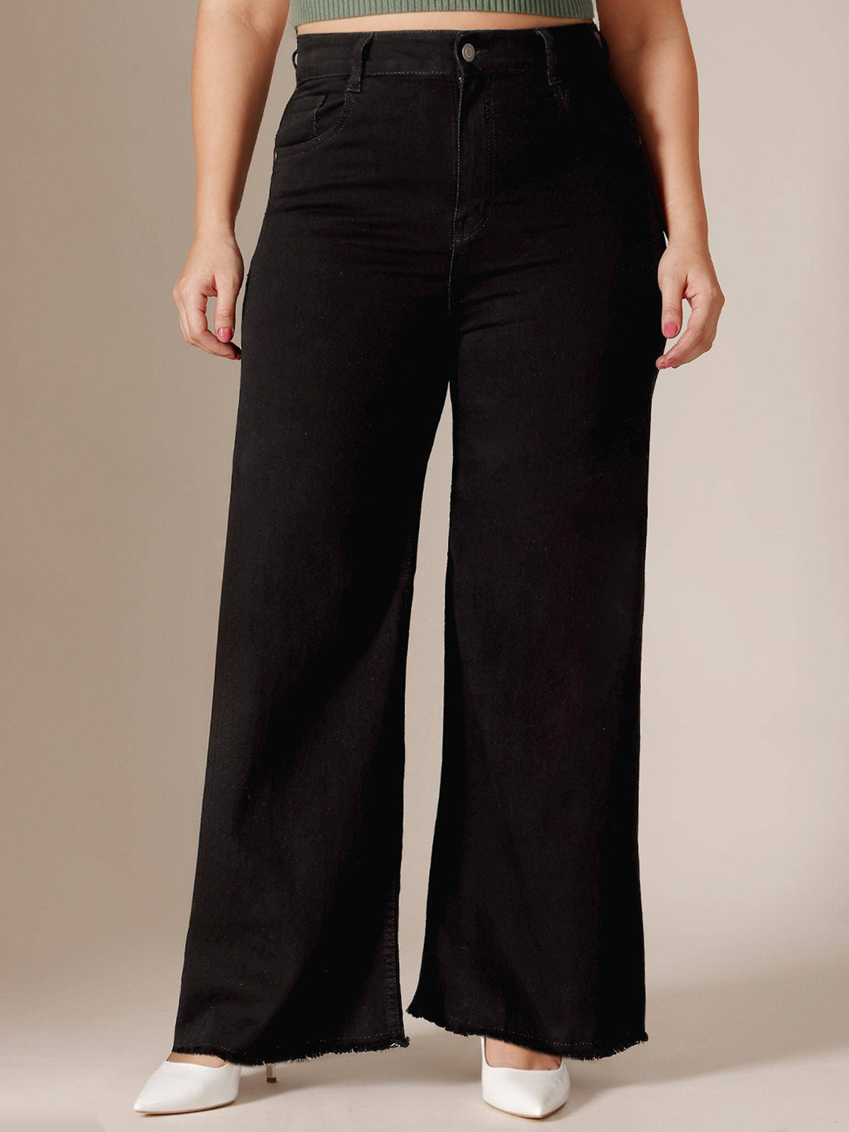Black Denim Wide Leg A+ Curve Collection Plus Size Solid Jeans | WL90 - view 1