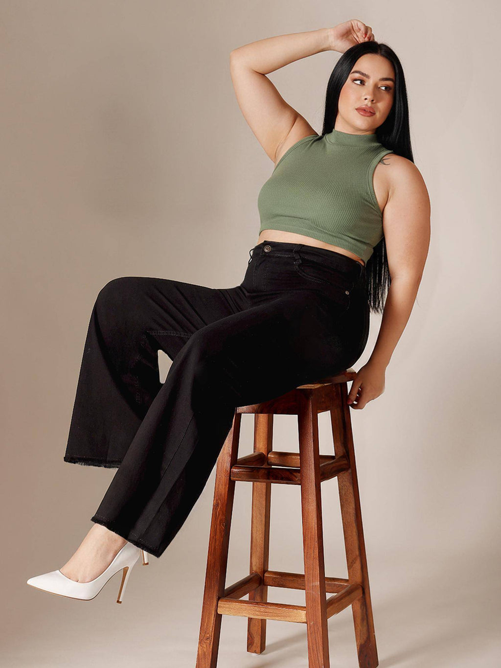Black Denim Wide Leg A+ Curve Collection Plus Size Solid Jeans | WL90 - view 2