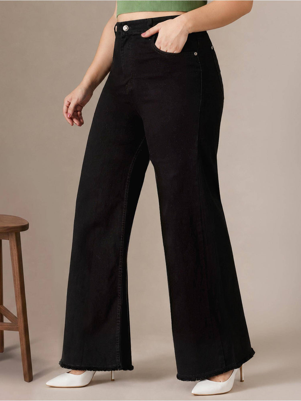 Black Denim Wide Leg A+ Curve Collection Plus Size Solid Jeans | WL90 - view 3