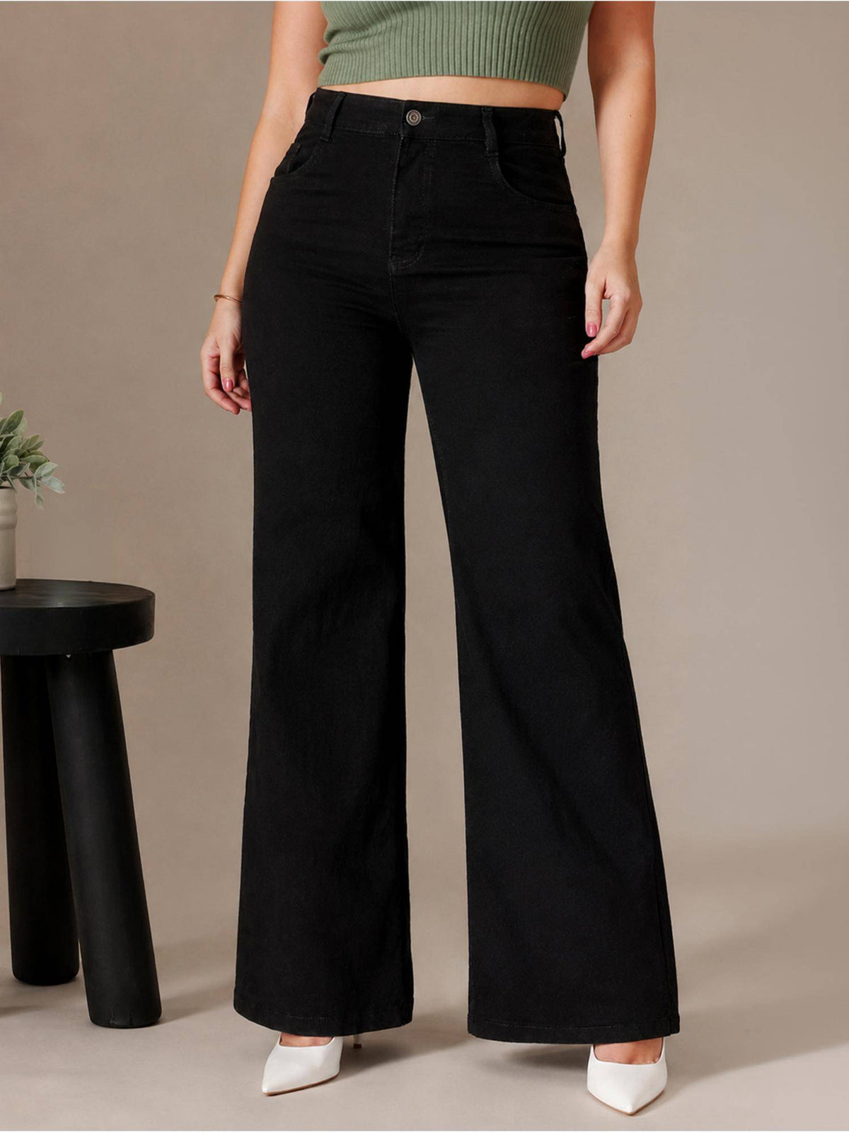 Black Denim Wide Leg A+ Curve Collection Plus Size Solid Jeans | BG78 - view 1