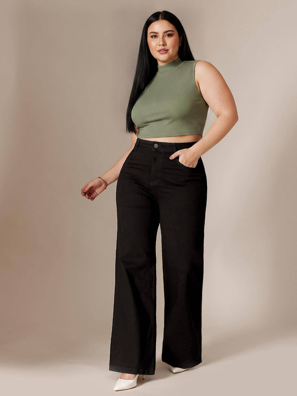 Black Denim Wide Leg A+ Curve Collection Plus Size Solid Jeans | BG78 - view 2