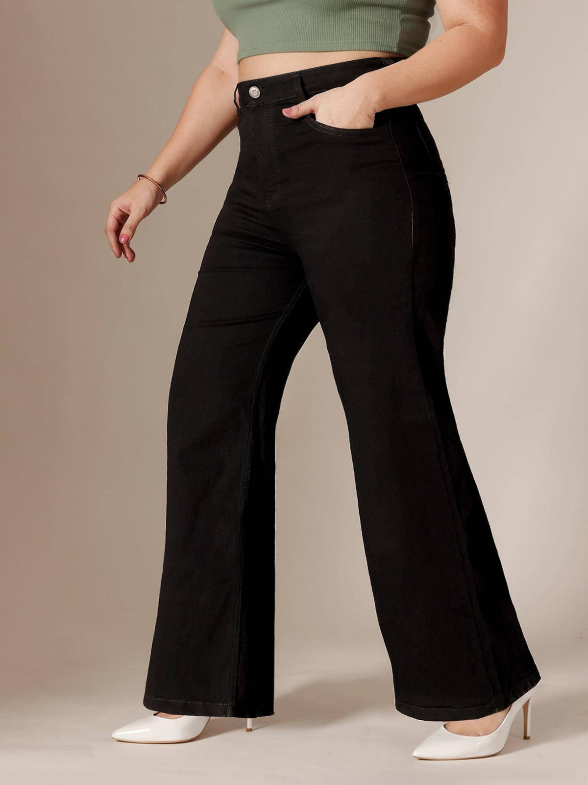 Black Denim Wide Leg A+ Curve Collection Plus Size Solid Jeans | BG78 - view 3