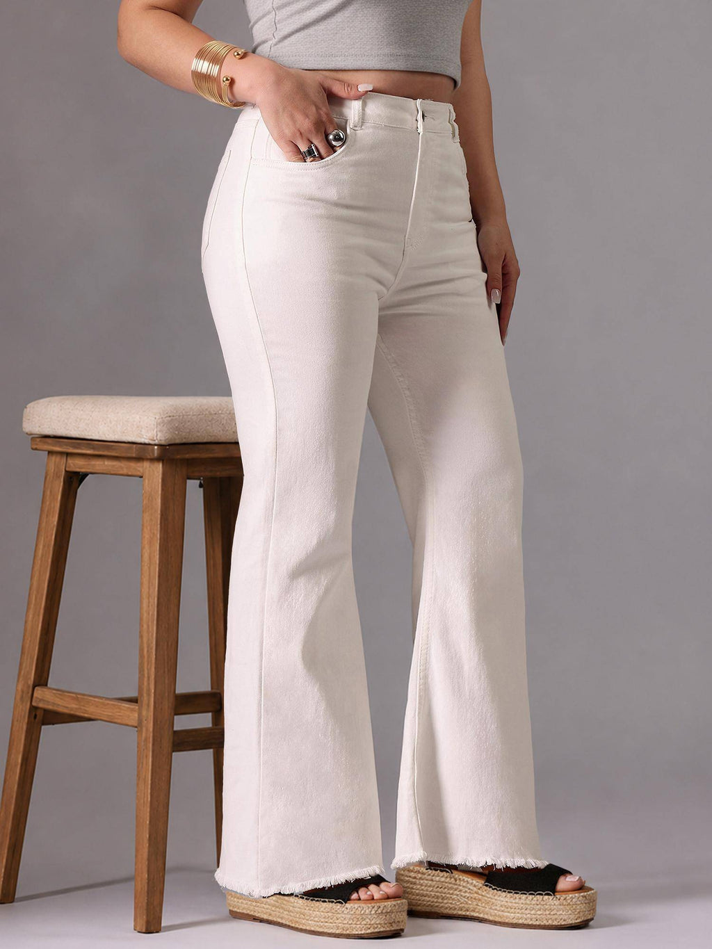 White Denim Wide Leg A+ Curve Collection Plus Size Solid Jeans | WL90 - view 1