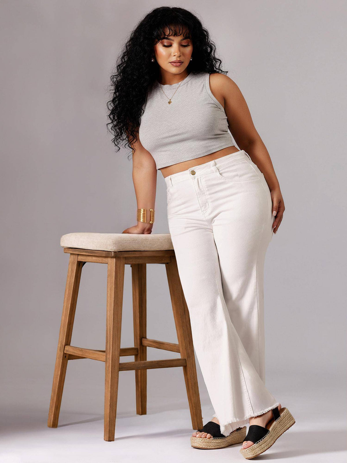 White Denim Wide Leg A+ Curve Collection Plus Size Solid Jeans | WL90 - view 4