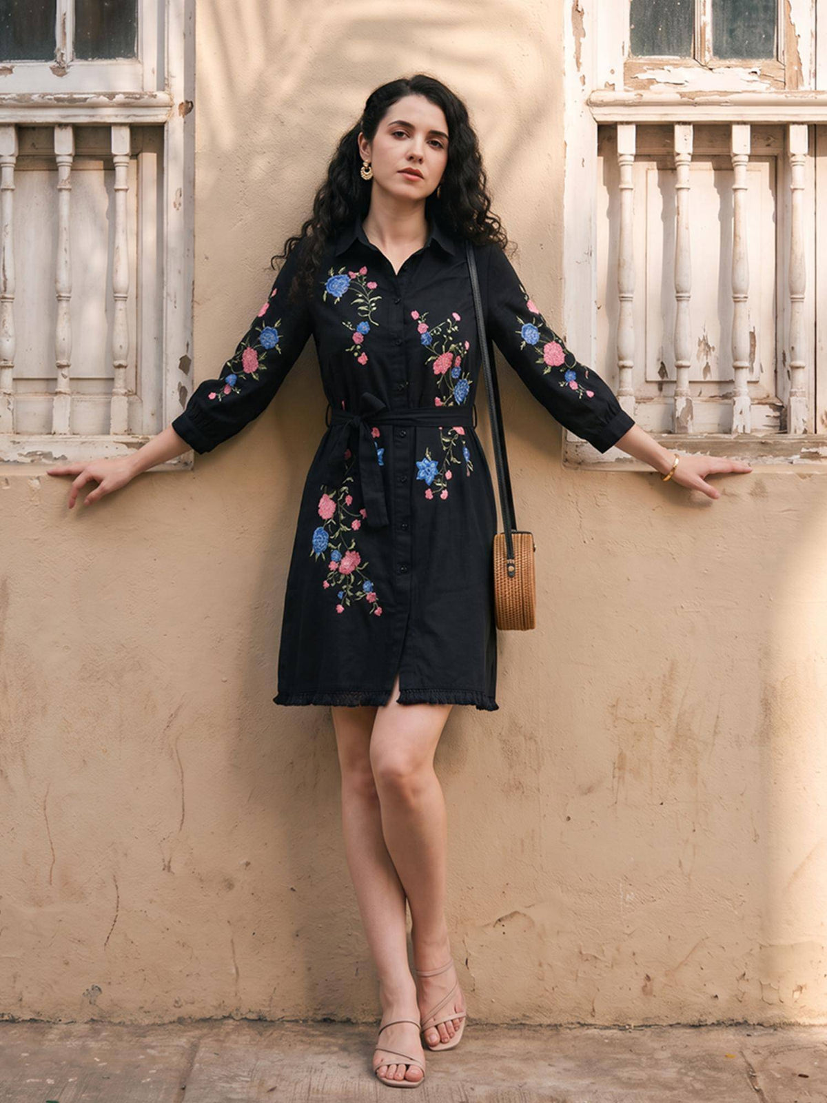 Black Cotton Collar Neck Embroidered Dress With Belt | D56 - view 1