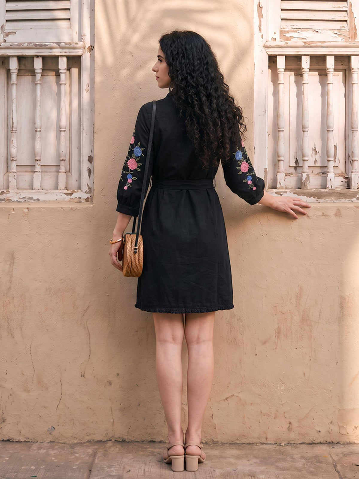 Black Cotton Collar Neck Embroidered Dress With Belt | D56 - view 2