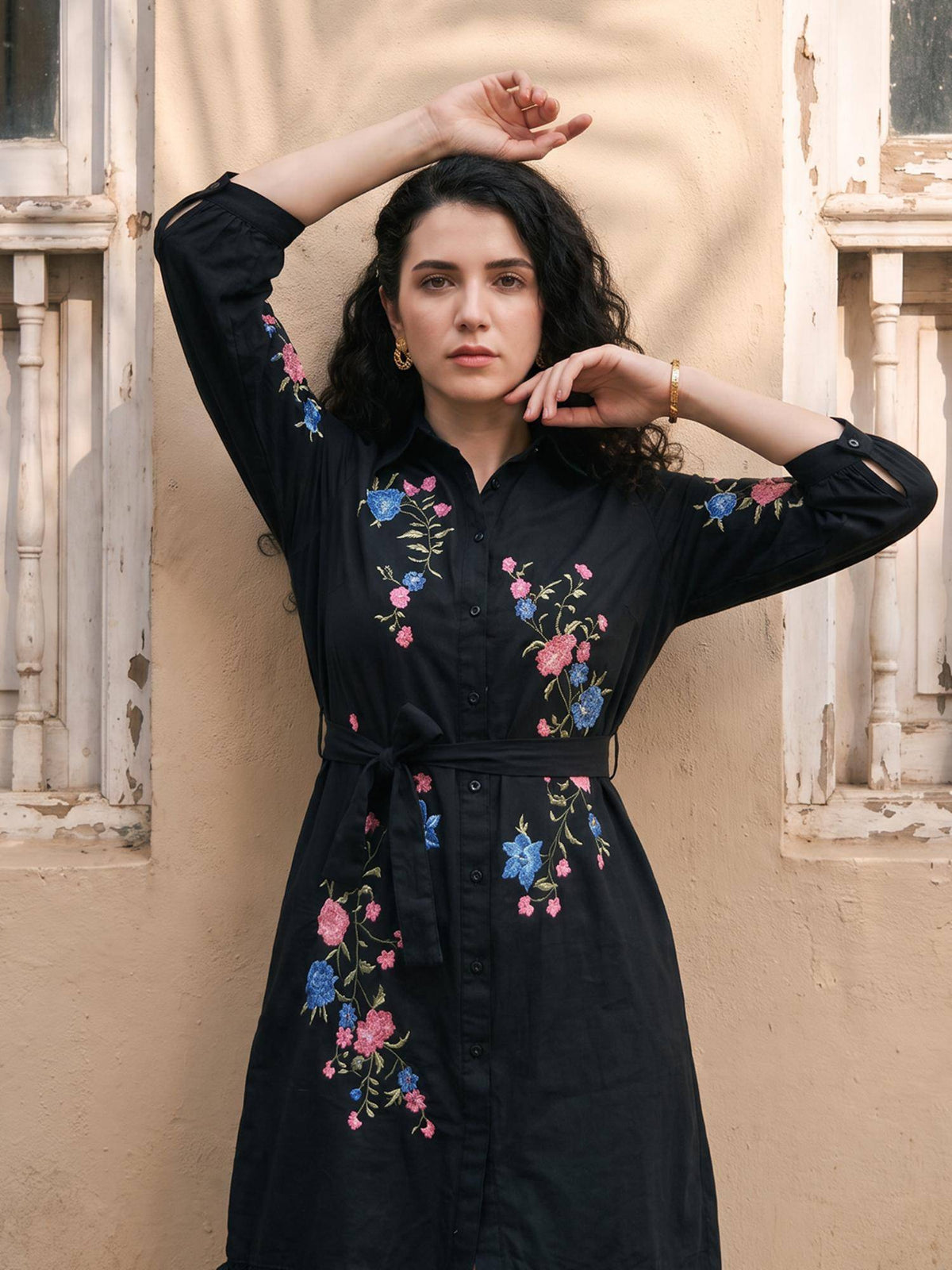 Black Cotton Collar Neck Embroidered Dress With Belt | D56 - view 3
