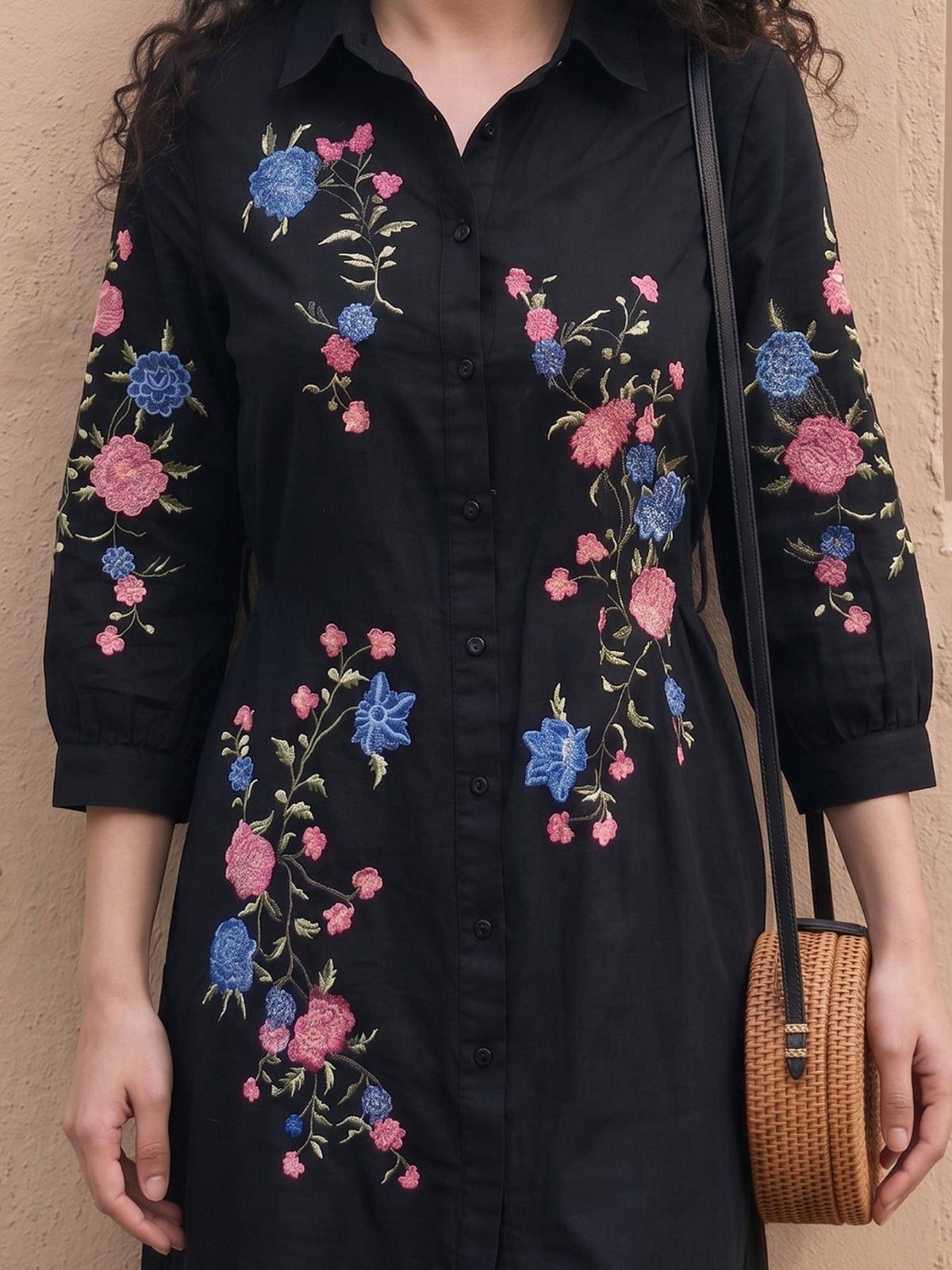 Black Cotton Collar Neck Embroidered Dress With Belt | D56 - view 4