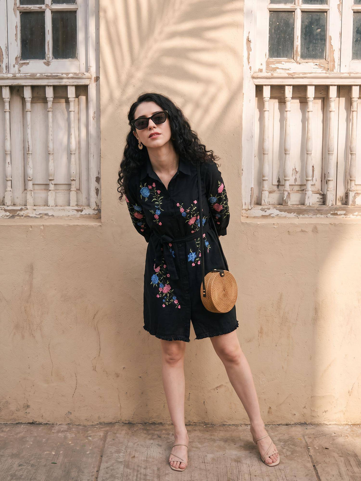 Black Cotton Collar Neck Embroidered Dress With Belt | D56 - view 5