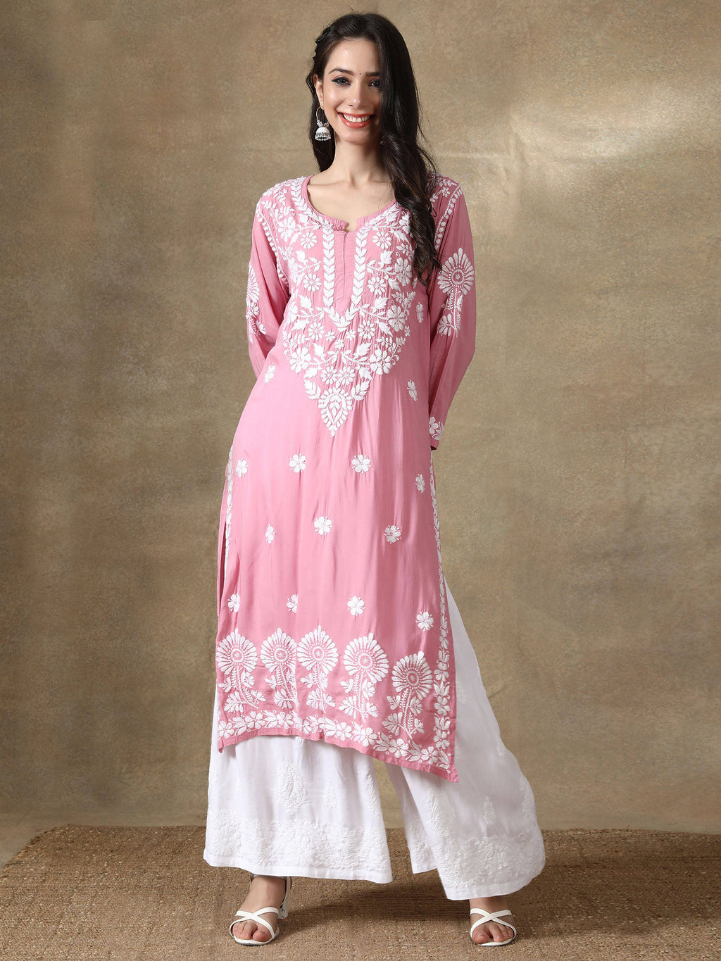 Hand Embroidered Onion Pink Modal Lucknowi Chikankari Kurta | KDG - view 1