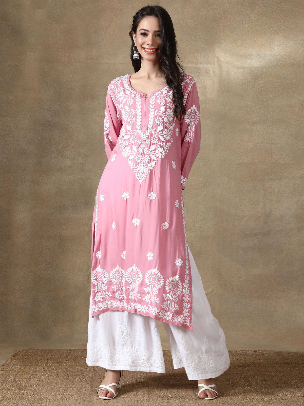 Hand Embroidered Onion Pink Modal Lucknowi Chikankari Kurta | KDG - view 1