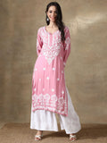 Hand Embroidered Onion Pink Modal Lucknowi Chikankari Kurta | FY93 - view 1
