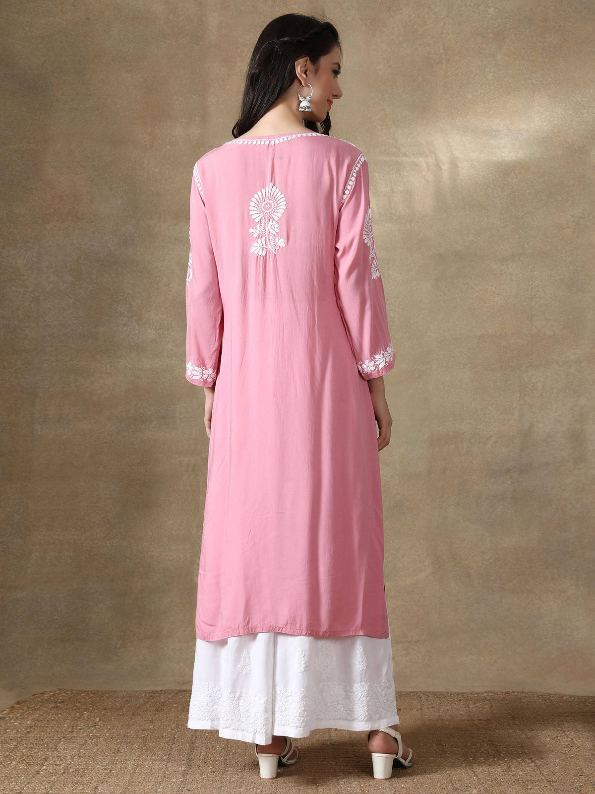 Hand Embroidered Onion Pink Modal Lucknowi Chikankari Kurta | KDG - view 2