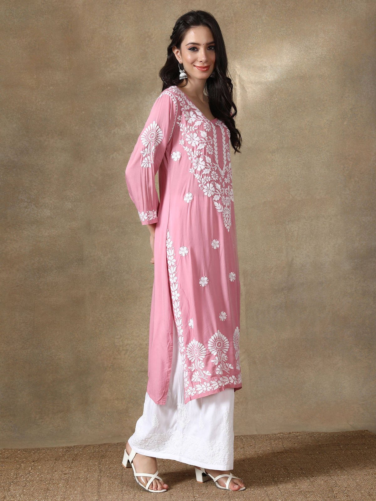 Hand Embroidered Onion Pink Modal Lucknowi Chikankari Kurta | FY93 - view 3