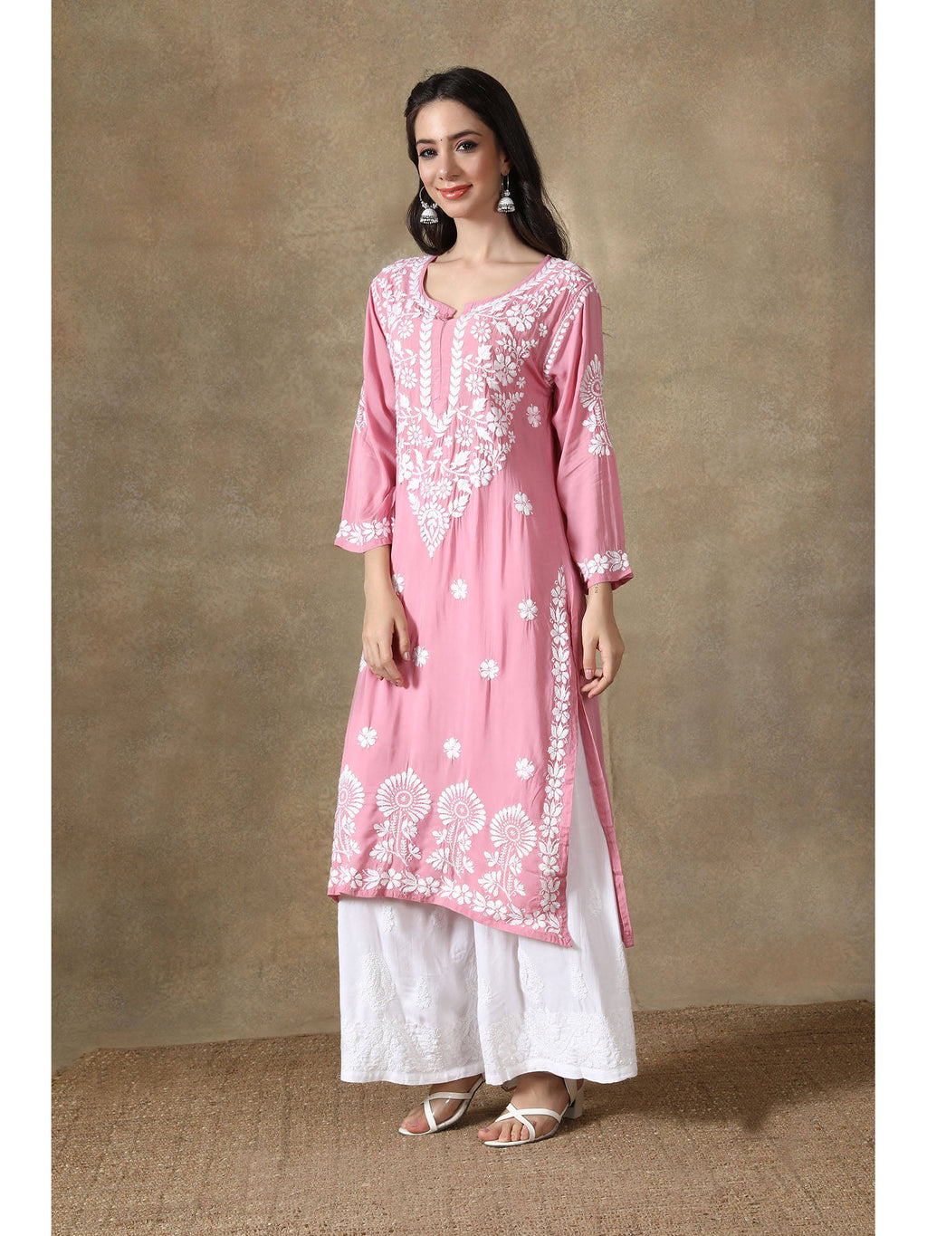 Hand Embroidered Onion Pink Modal Lucknowi Chikankari Kurta | KDG - view 4