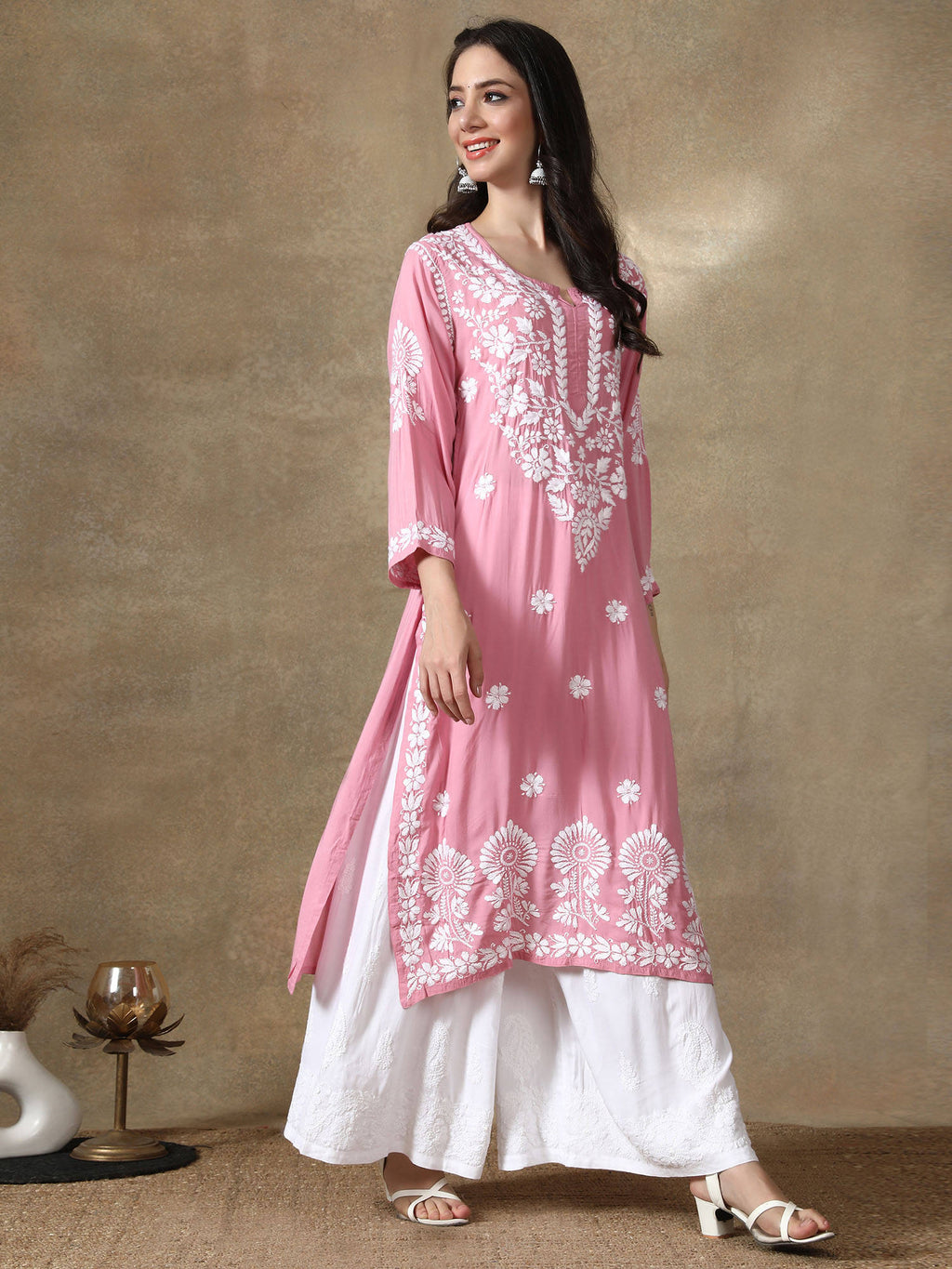 Hand Embroidered Onion Pink Modal Lucknowi Chikankari Kurta | KDG - view 5