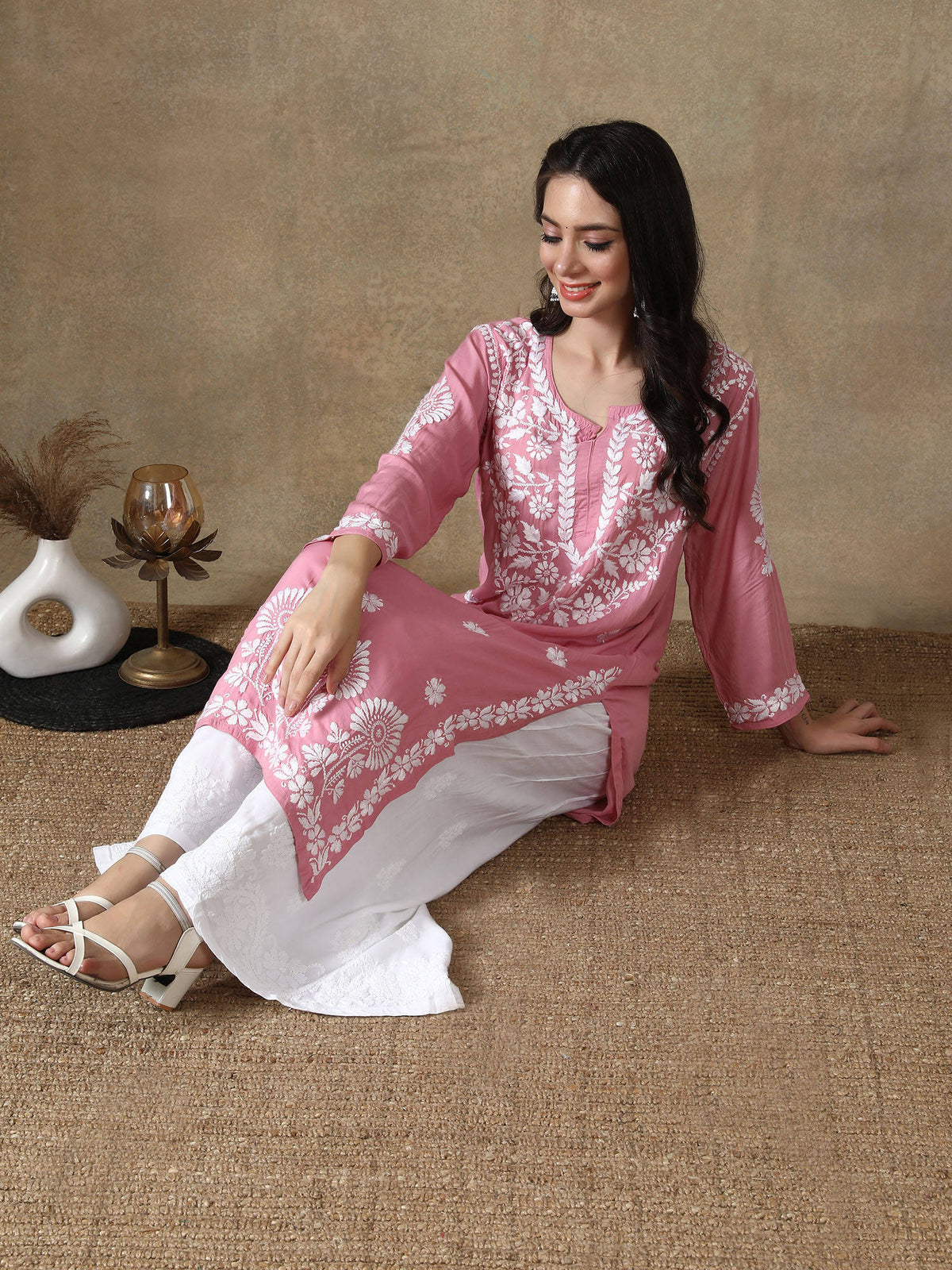 Hand Embroidered Onion Pink Modal Lucknowi Chikankari Kurta | KDG - view 6