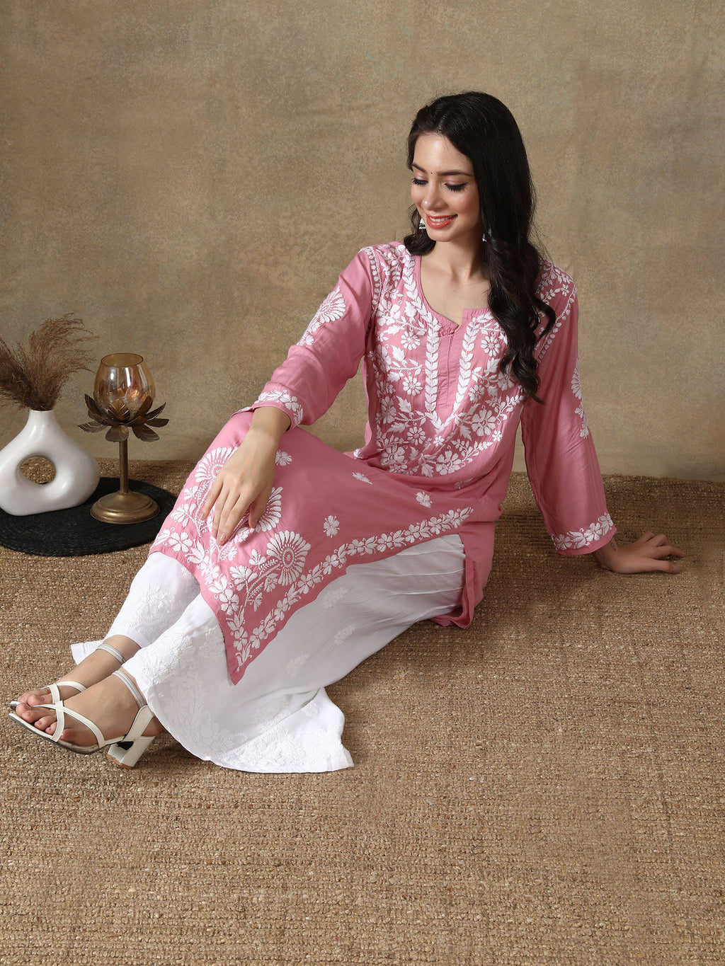 Hand Embroidered Onion Pink Modal Lucknowi Chikankari Kurta | FY93 - view 6