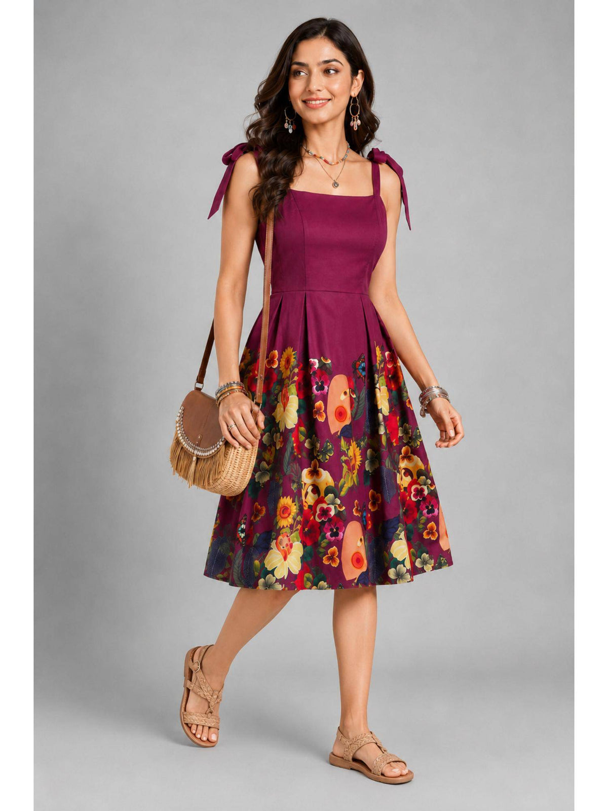 Black Floral Print Fit & Flare Dress | D56 - view 49