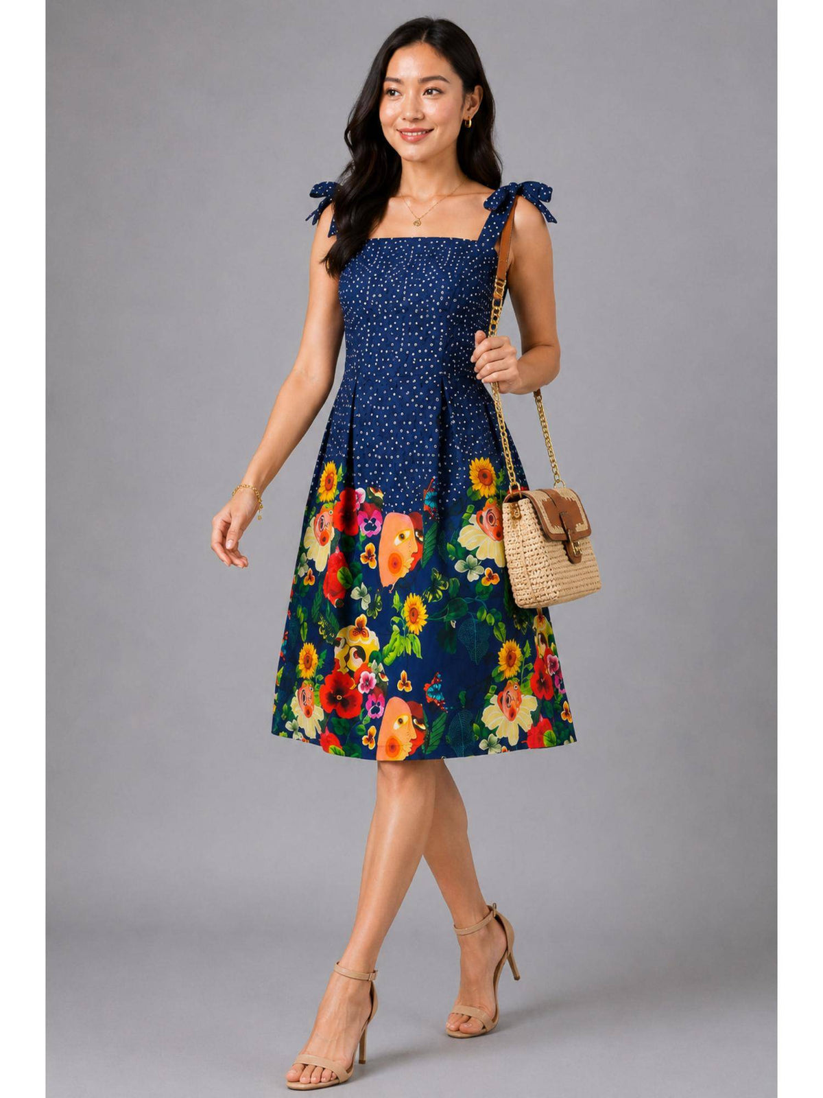 Yellow Floral Tie-Strap Fit & Flare Dress | D56 - view 9
