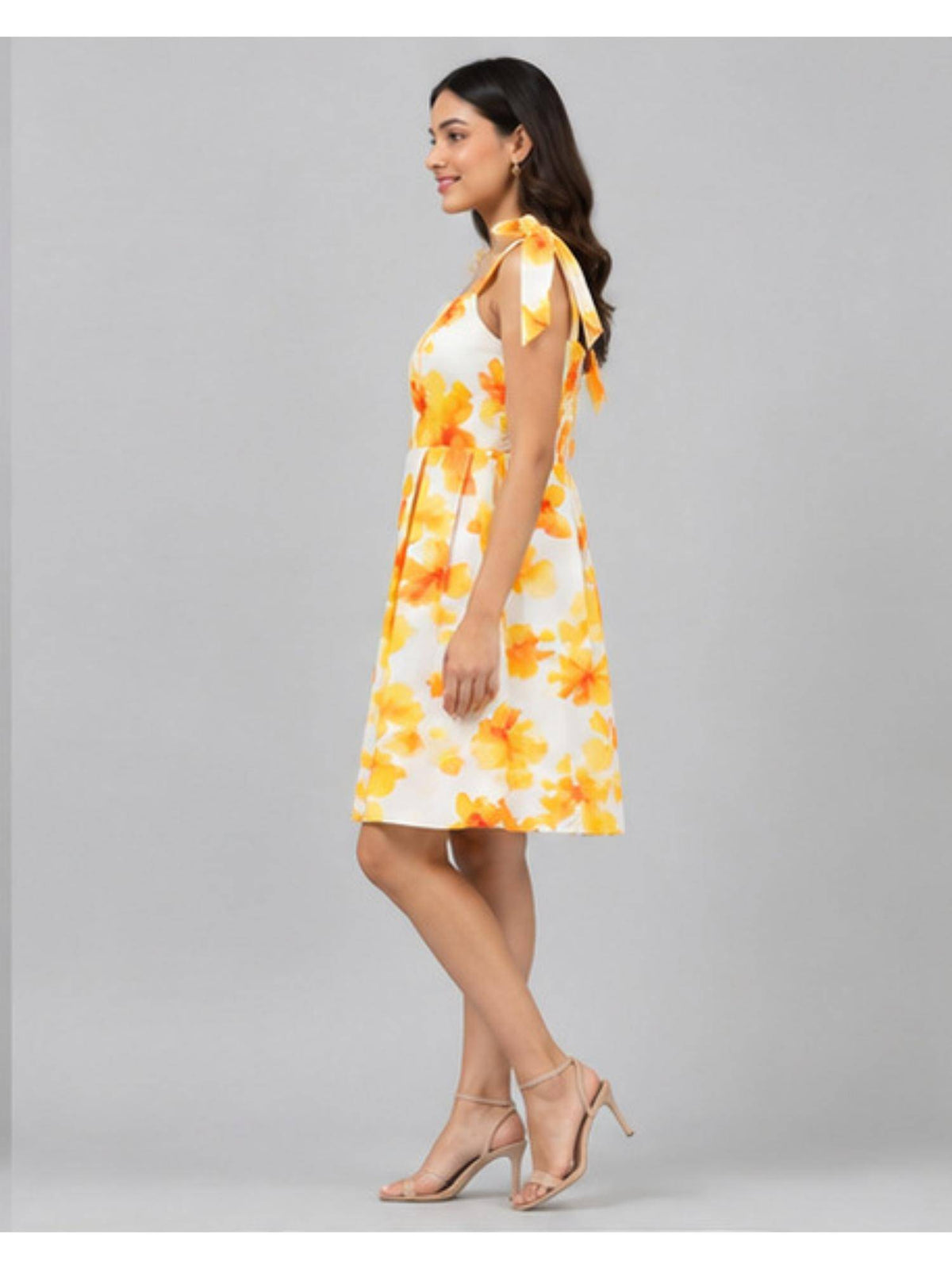 Yellow Floral Tie-Strap Fit & Flare Dress | D56 - view 3