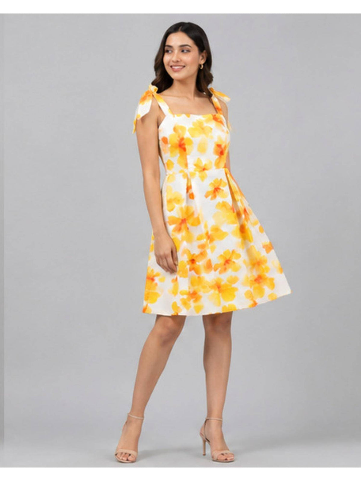 Yellow Floral Tie-Strap Fit & Flare Dress | D56 - view 4
