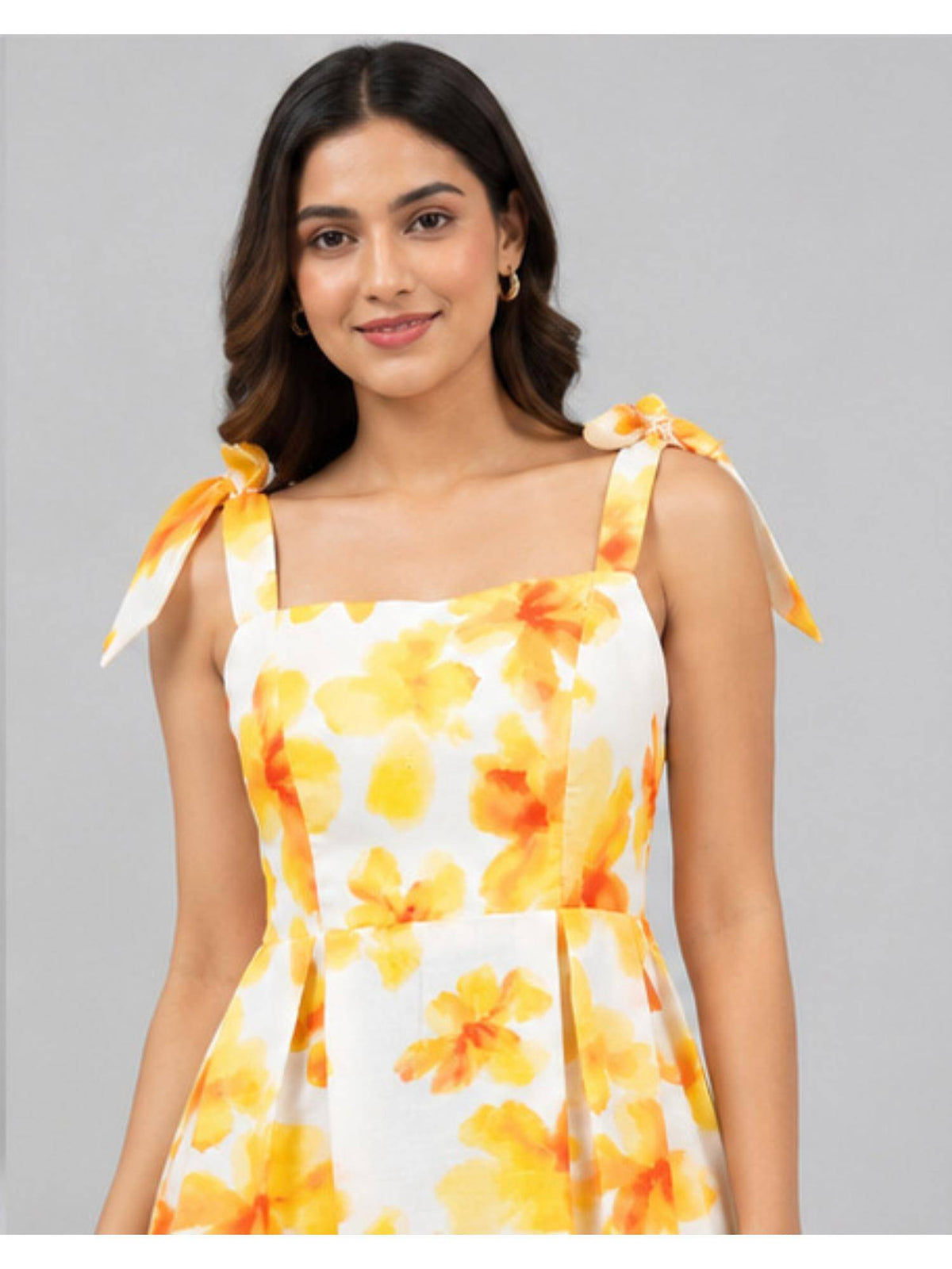 Yellow Floral Tie-Strap Fit & Flare Dress | D56 - view 5