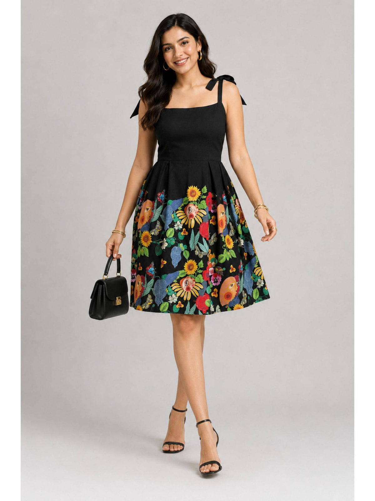 Black Floral Print Fit & Flare Dress | D56 - view 1