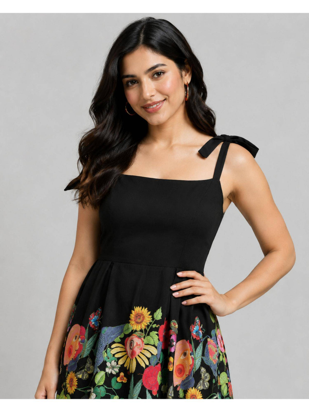 Black Floral Print Fit & Flare Dress | D56 - view 3