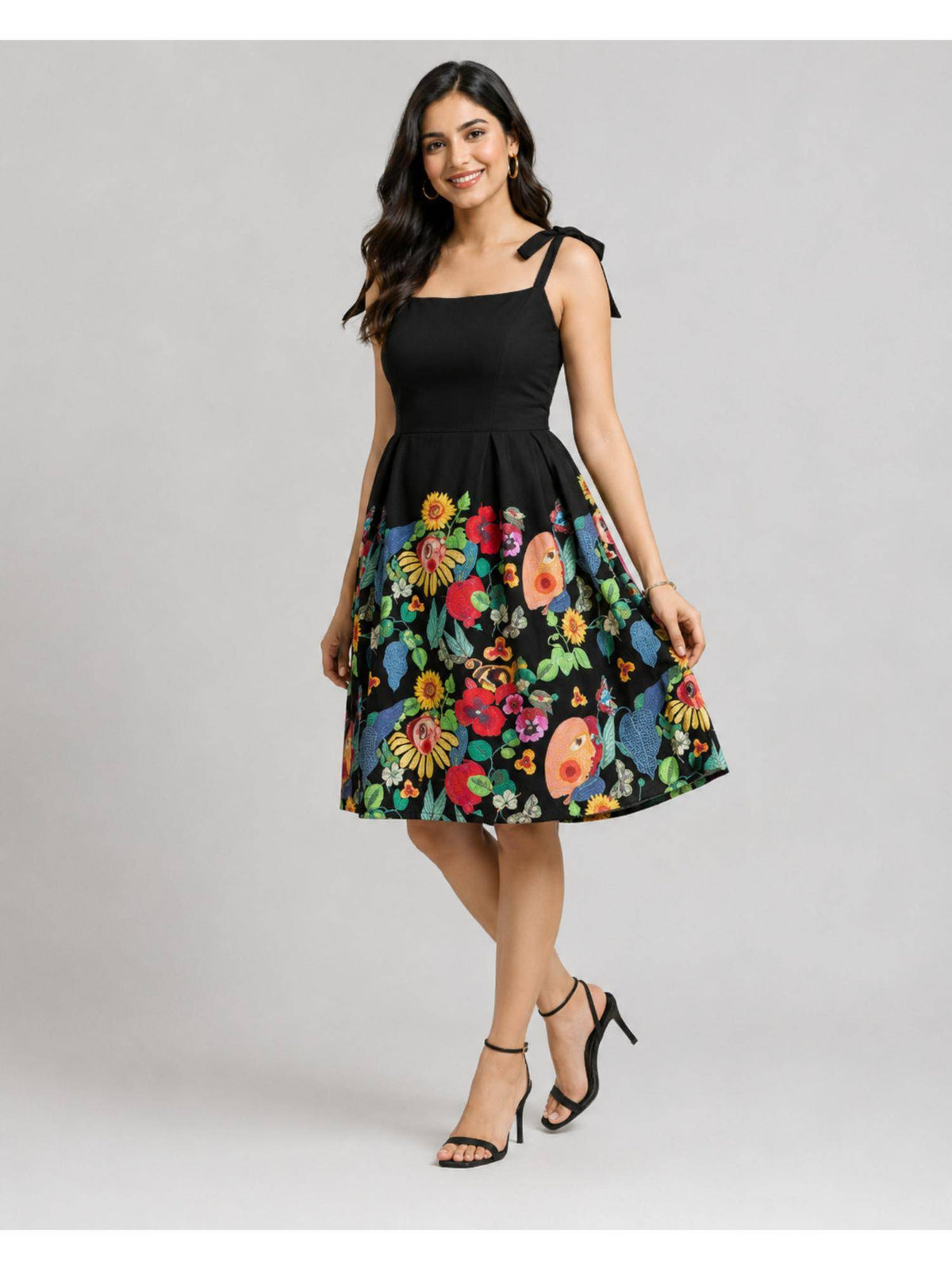 Black Floral Print Fit & Flare Dress | D56 - view 5