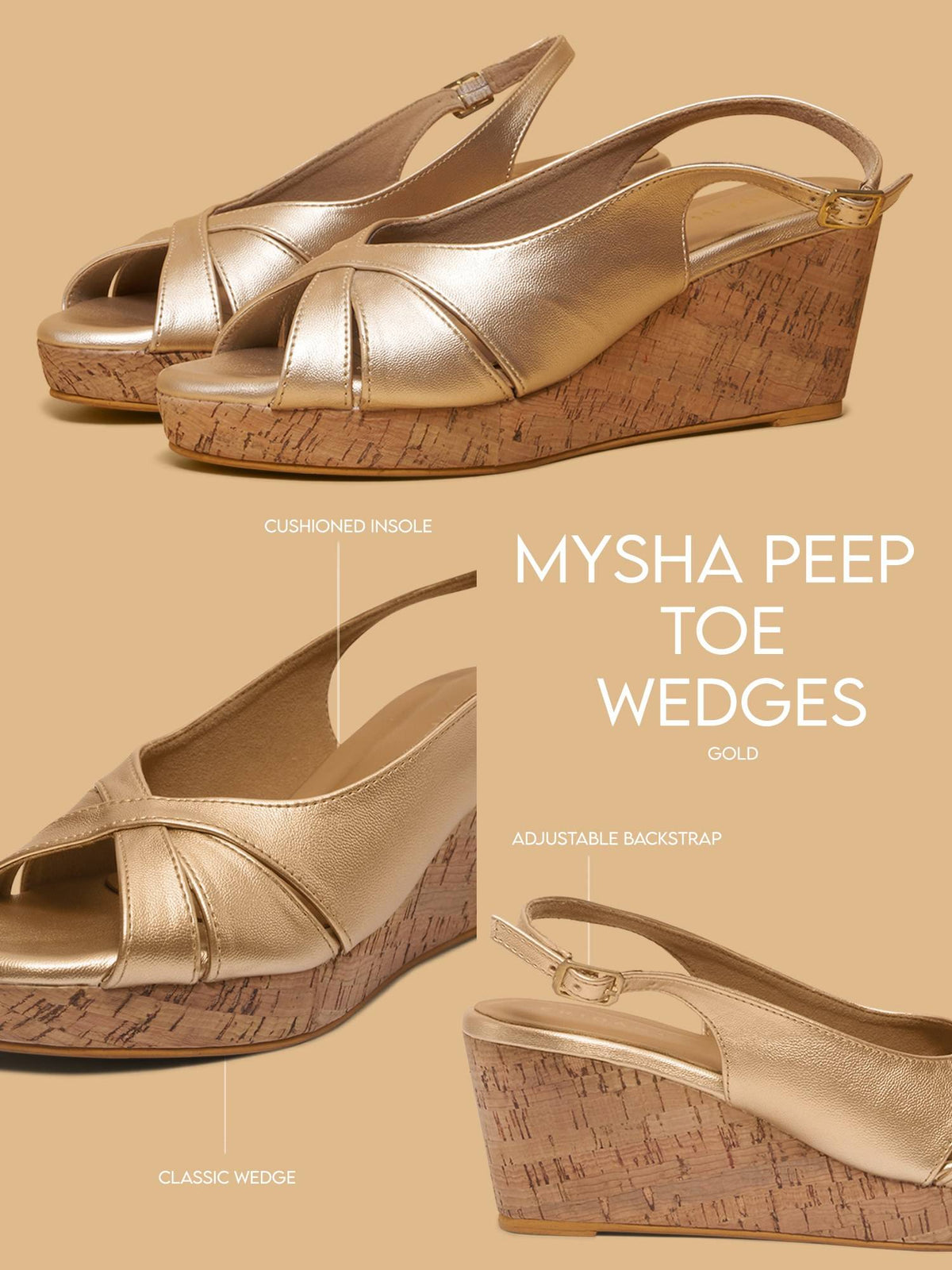 Mysha Peep Toe Wedges Gold | H78 - view 8