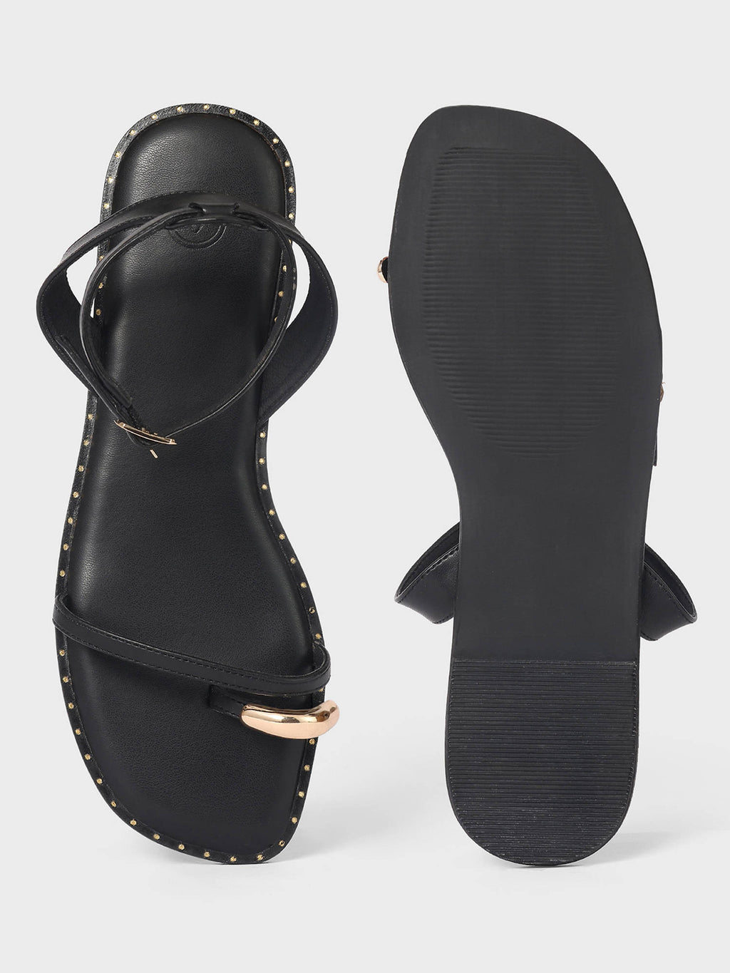 Black Metal One Toe Strappy Flat Sandals For Women | SD89 - view 4