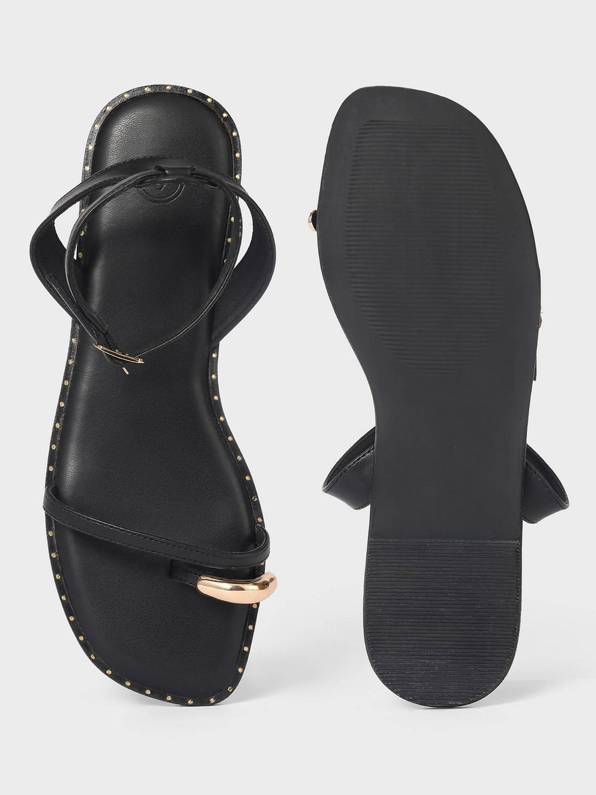 Black Metal One Toe Strappy Flat Sandals For Women | SD89 - view 4