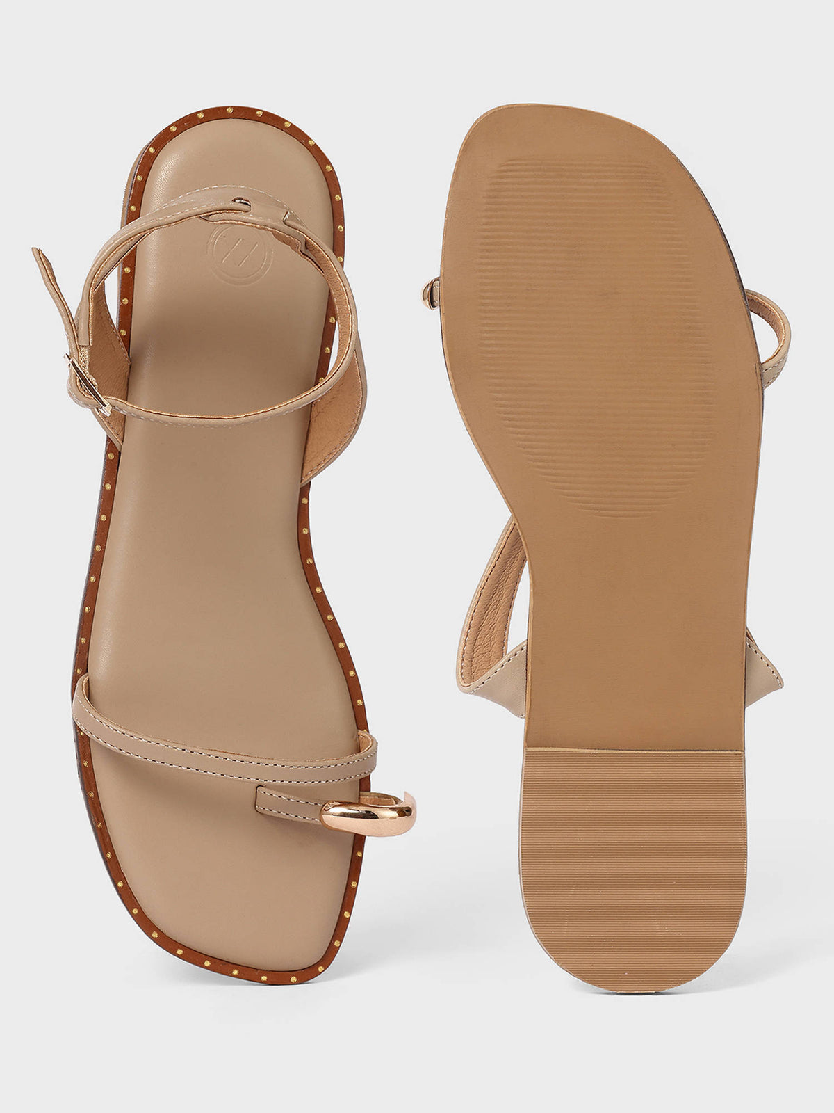 Taupe Metal One Toe Strappy Flat Sandals For Women | F61 - view 4