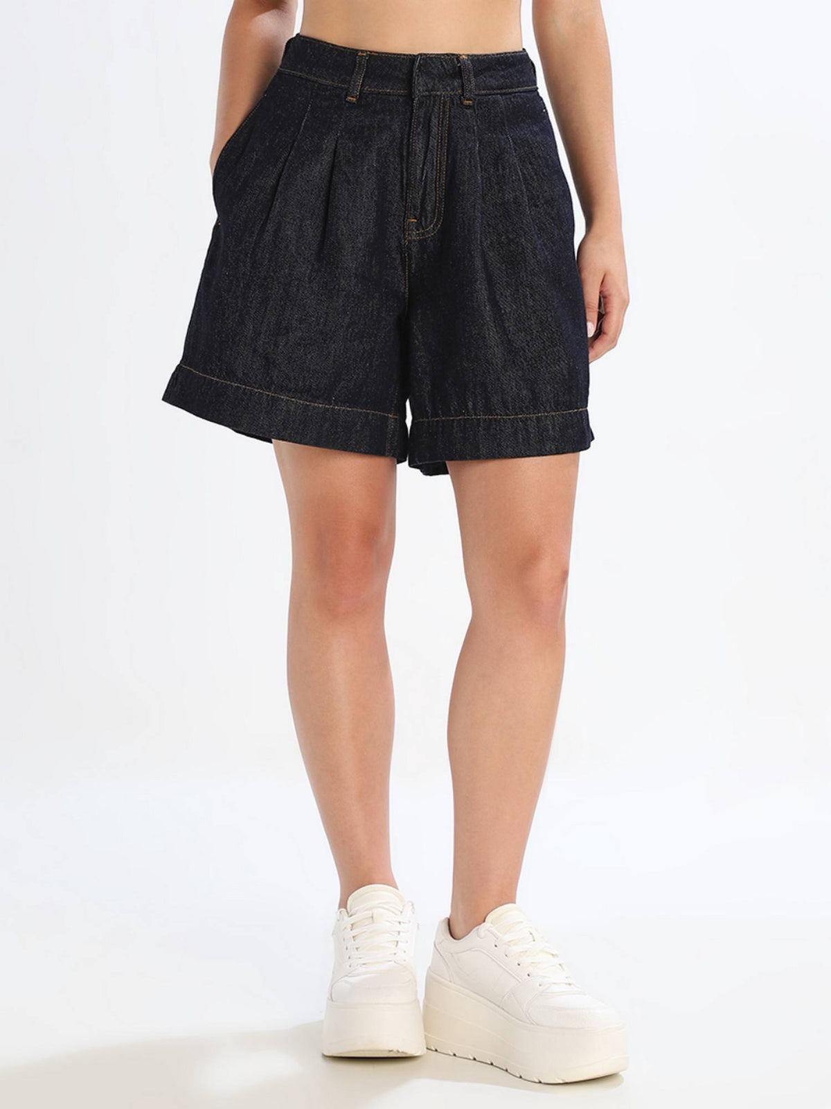 Women Solid Regular Fit High Rise Navy Blue Shorts | O24 - view 1
