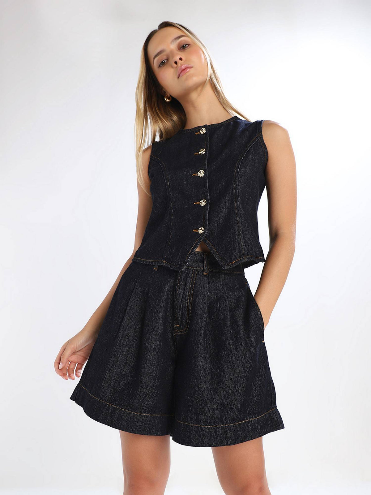 Women Solid Regular Fit High Rise Navy Blue Shorts | O24 - view 3