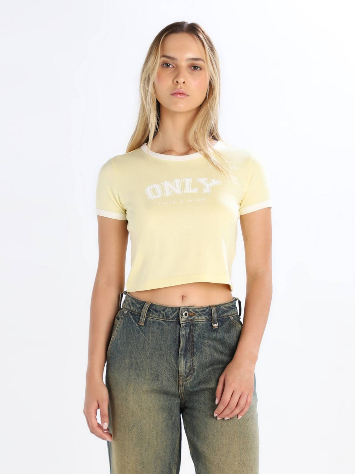 Women Typographic Regular Fit Yellow Crop T-Shirt | TS56 - view 3