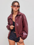 Faux Leather Collar Solid Pocket Zipper Bomber Jacket | JC78 - view 1