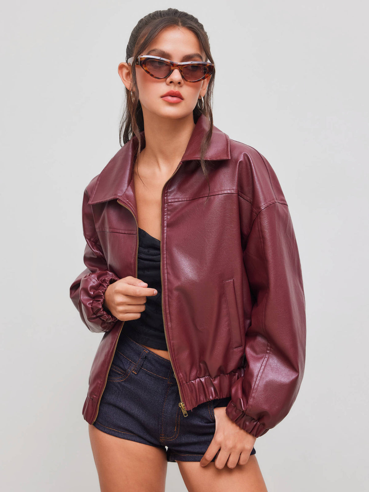 Faux Leather Collar Solid Pocket Zipper Bomber Jacket | JC78 - view 1