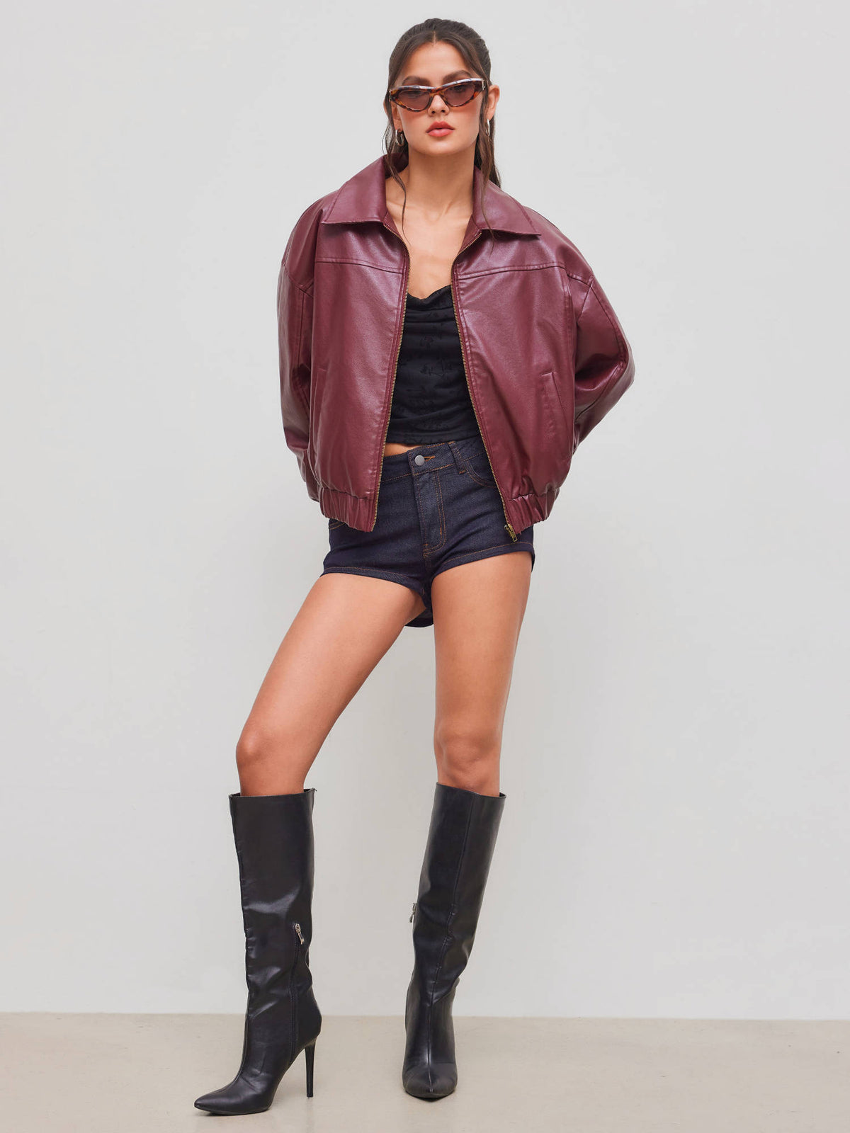 Faux Leather Collar Solid Pocket Zipper Bomber Jacket | JC78 - view 6