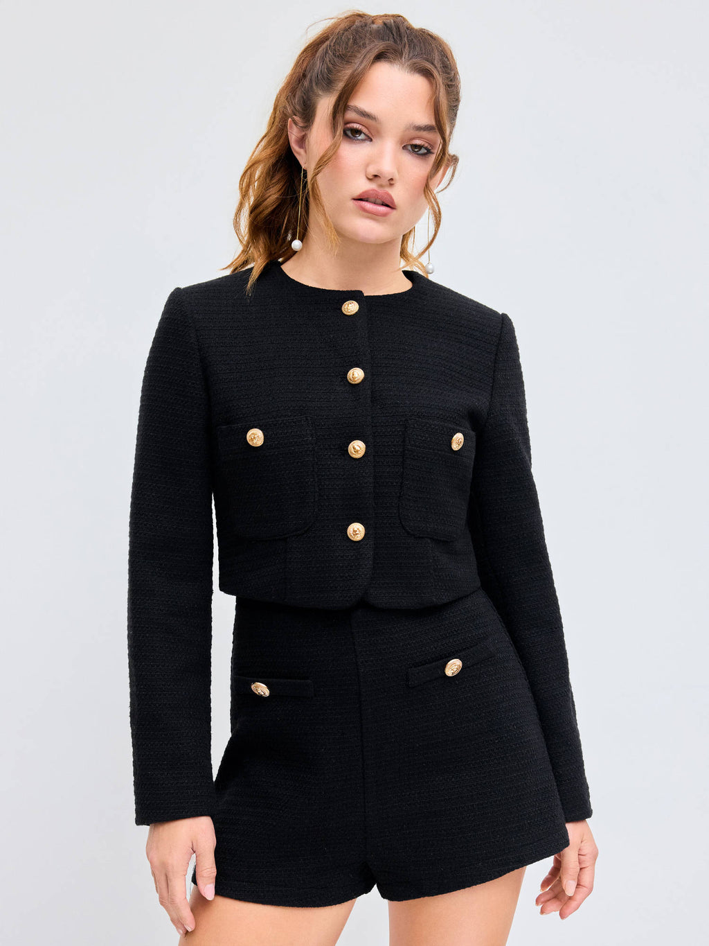Tweed Round Neckline Solid Button Pocket Jacket | JC78 - view 1