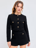 Tweed Round Neckline Solid Button Pocket Jacket | JC78 - view 1